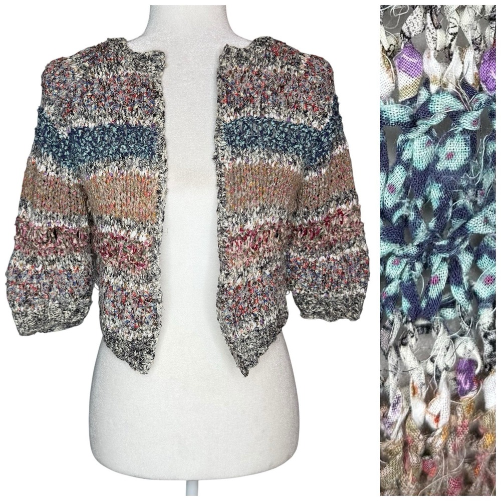 Byron Lars Tattered‎ Loose Knit Cropped Cardigan S Sweater Shrug Anthropologie